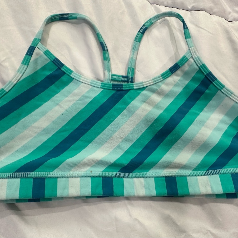 Lululemon Blue and Green Flow Y Sports Bra with Diagonal Stripes